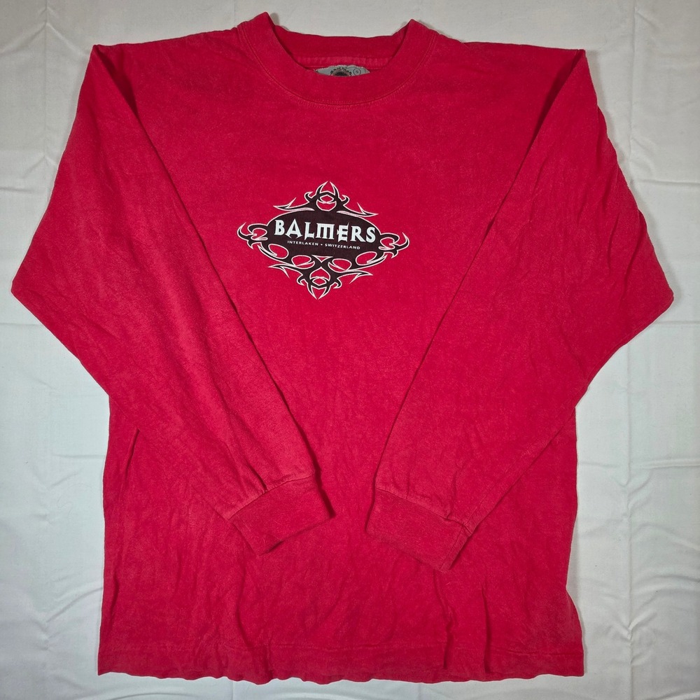 Vintage Balmers Interlaken Switzerland Red Long Sleeve Graphic Shirt Mens S